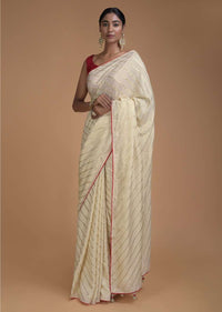 Champagne Beige Saree In Silk With Weaved Diagonal Stripes All Over Online - Kalki Fashion