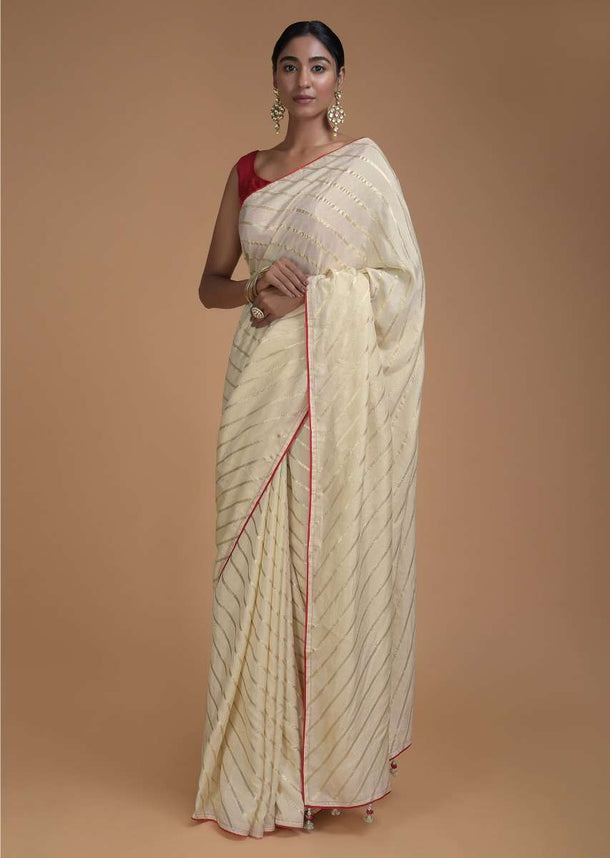 Champagne Beige Saree In Silk With Weaved Diagonal Stripes All Over Online - Kalki Fashion