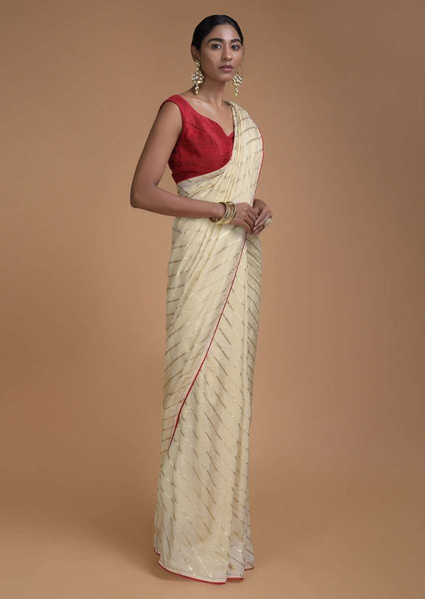 Champagne Beige Saree In Silk With Weaved Diagonal Stripes All Over Online - Kalki Fashion