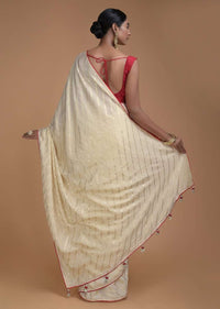 Champagne Beige Saree In Silk With Weaved Diagonal Stripes All Over Online - Kalki Fashion