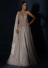 Champagne Embellished Gown With Plunging Neckline And A Fancy Choker With Attached Cape