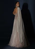 Champagne Embellished Gown With Plunging Neckline And A Fancy Choker With Attached Cape