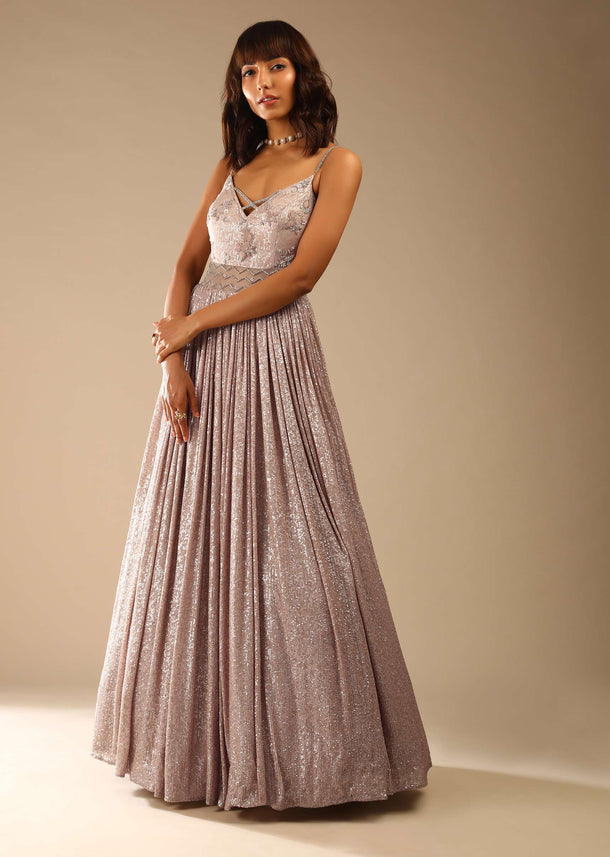 Champagne Gown Embellished In Sequins With Cut Dana Embellished Sheer Net On The Waist And Criss Cross Straps On The Neckline Online - Kalki Fashion