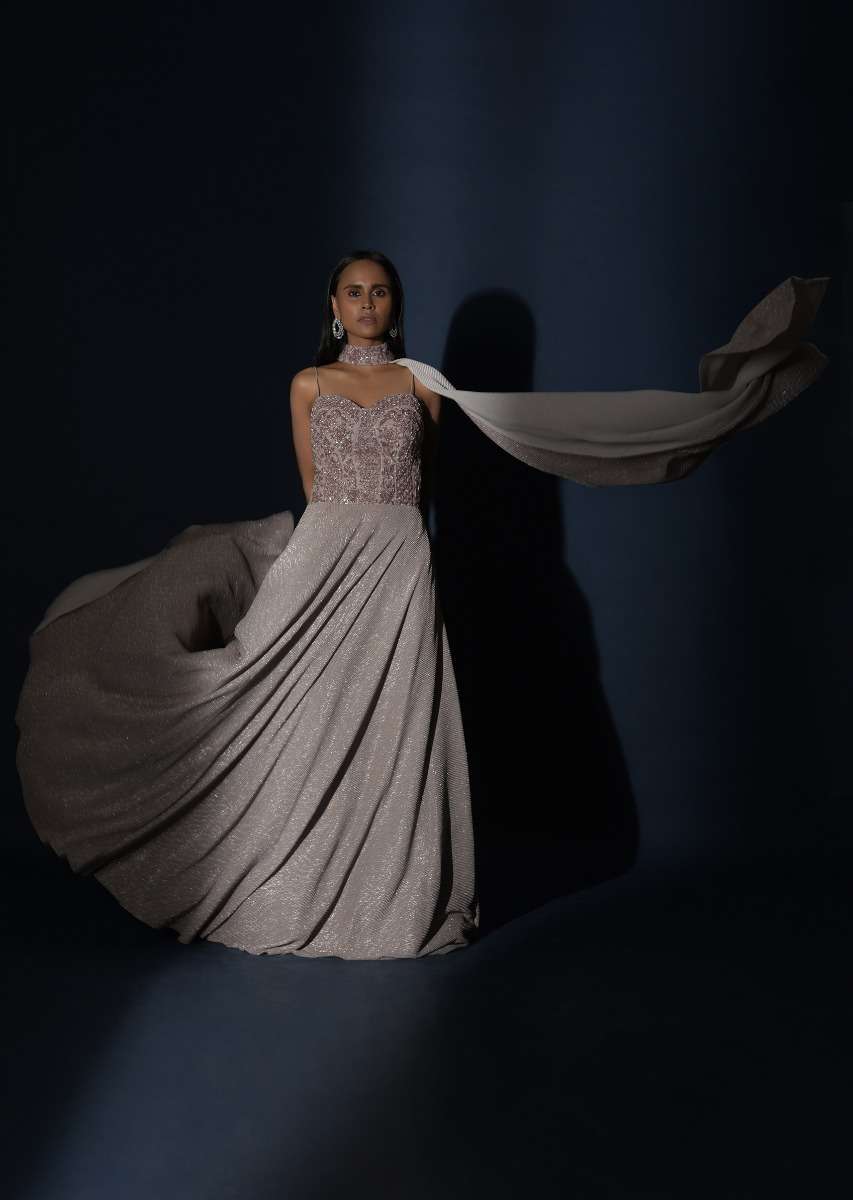 Champagne Gown With Embellished Sweetheart Cut Bodice And Spaghetti Straps Online - Kalki Fashion