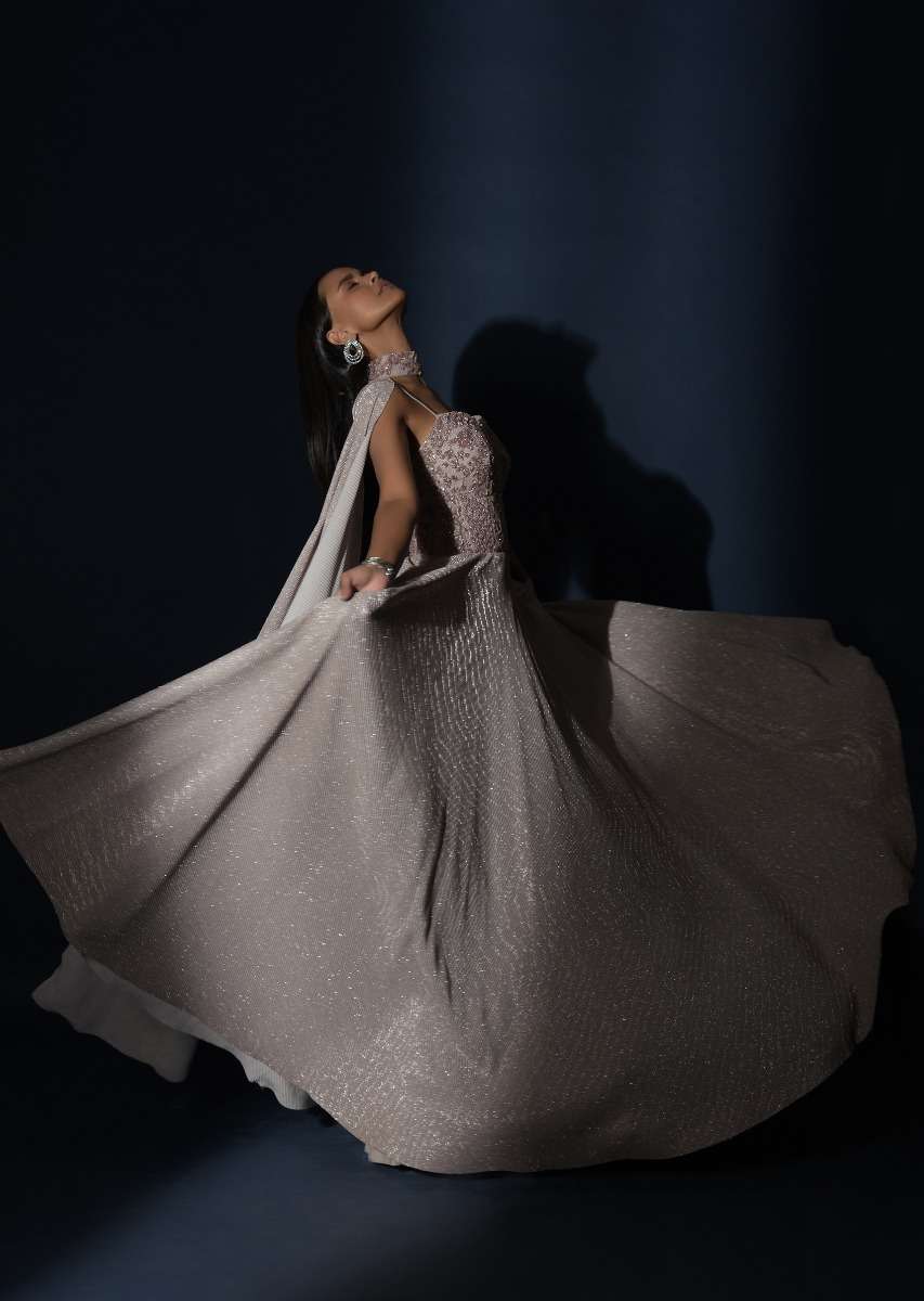 Champagne Gown With Embellished Sweetheart Cut Bodice And Spaghetti Straps Online - Kalki Fashion