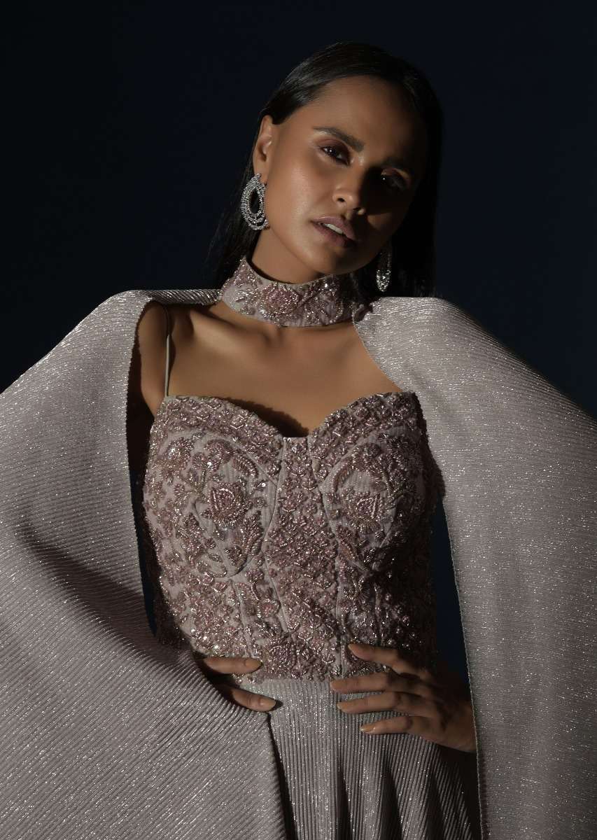 Champagne Gown With Embellished Sweetheart Cut Bodice And Spaghetti Straps Online - Kalki Fashion