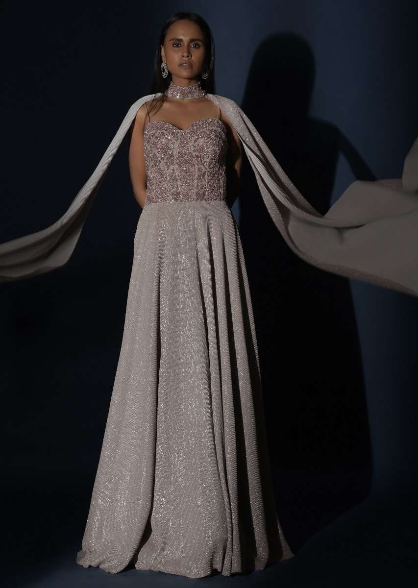 Champagne Gown With Embellished Sweetheart Cut Bodice And Spaghetti Straps Online - Kalki Fashion