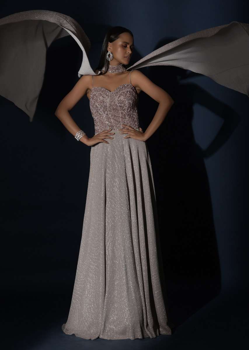 Champagne Gown With Embellished Sweetheart Cut Bodice And Spaghetti Straps Online - Kalki Fashion