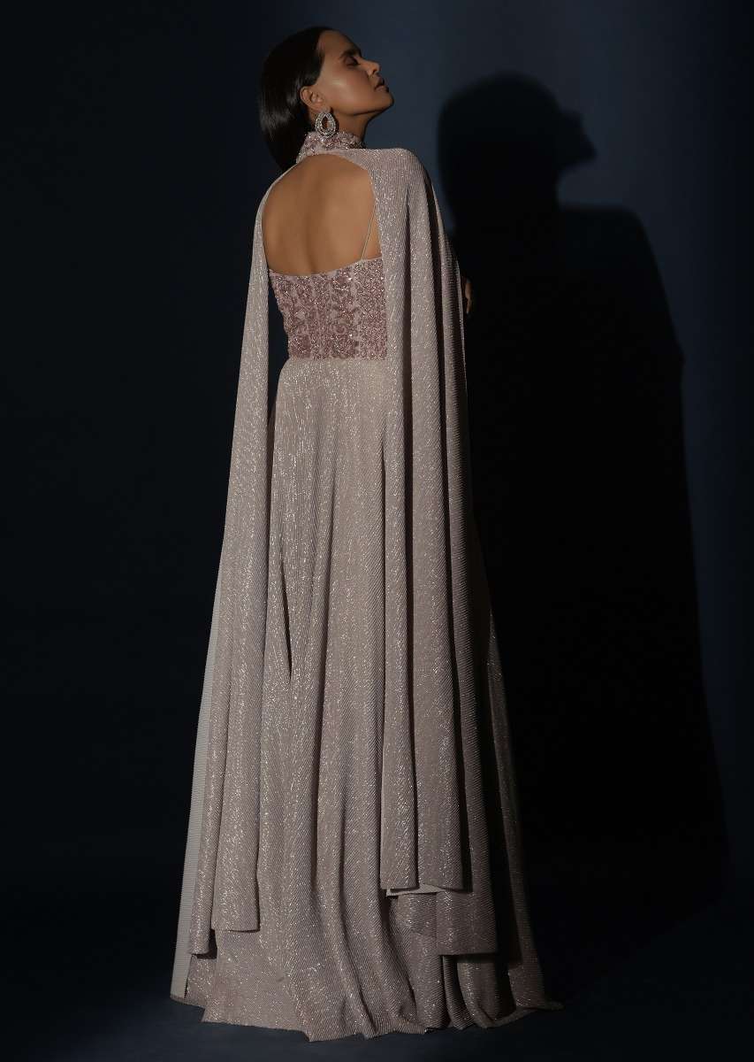 Champagne Gown With Embellished Sweetheart Cut Bodice And Spaghetti Straps Online - Kalki Fashion