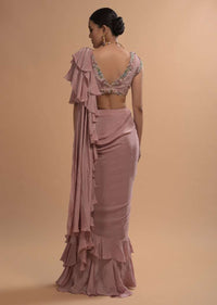 Champagne Pink Ready Pleated Ruffle Saree With 3D Flower And Checks Embroidered Cap Sleeve Blouse