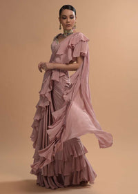 Champagne Pink Ready Pleated Ruffle Saree With 3D Flower And Checks Embroidered Cap Sleeve Blouse