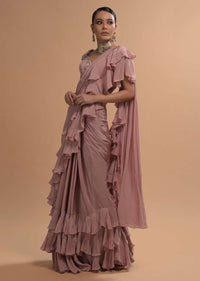 Champagne Pink Ready Pleated Ruffle Saree With 3D Flower And Checks Embroidered Cap Sleeve Blouse