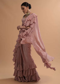 Champagne Pink Ready Pleated Ruffle Saree With 3D Flower And Checks Embroidered Cap Sleeve Blouse