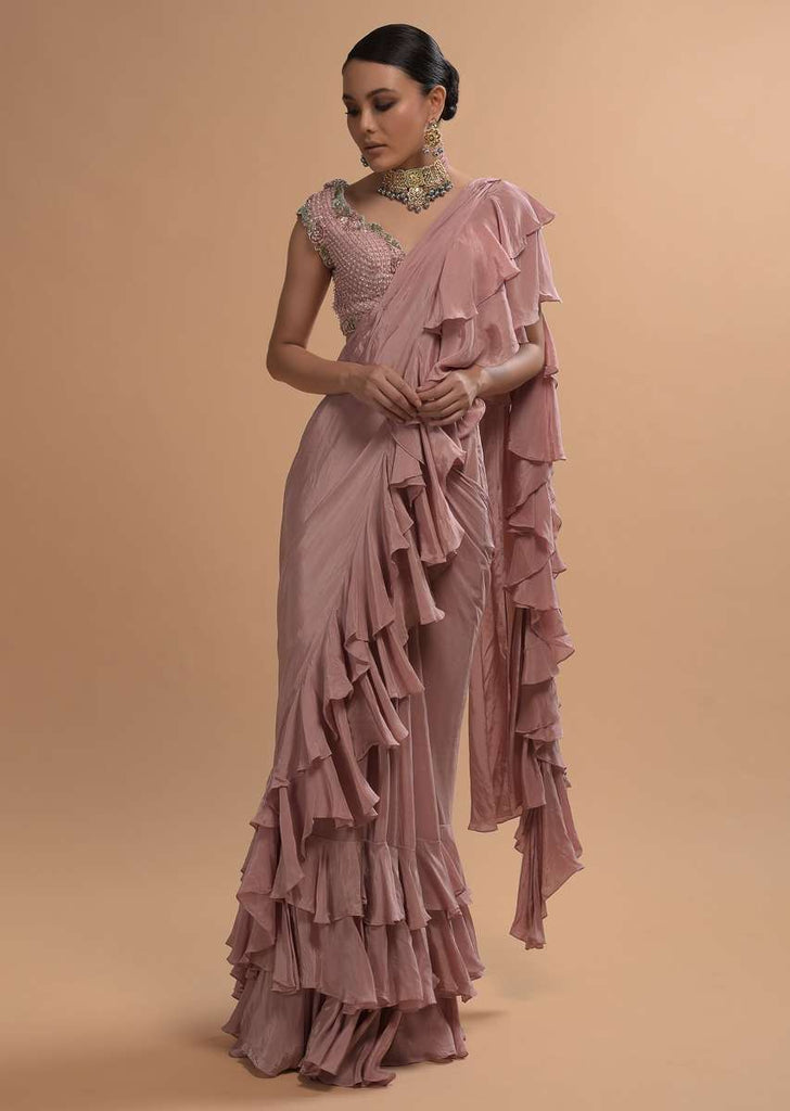 Champagne Pink Ready Pleated Ruffle Saree With 3D Flower And Checks Embroidered Cap Sleeve Blouse