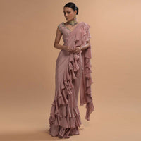 Champagne Pink Ready Pleated Ruffle Saree With 3D Flower And Checks Embroidered Cap Sleeve Blouse