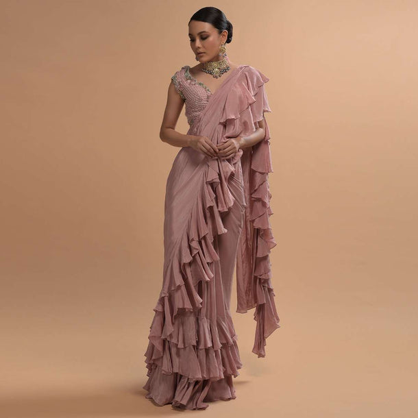 Champagne Pink Ready Pleated Ruffle Saree With 3D Flower And Checks Embroidered Cap Sleeve Blouse