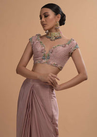 Champagne Pink Ready Pleated Ruffle Saree With 3D Flower And Checks Embroidered Cap Sleeve Blouse