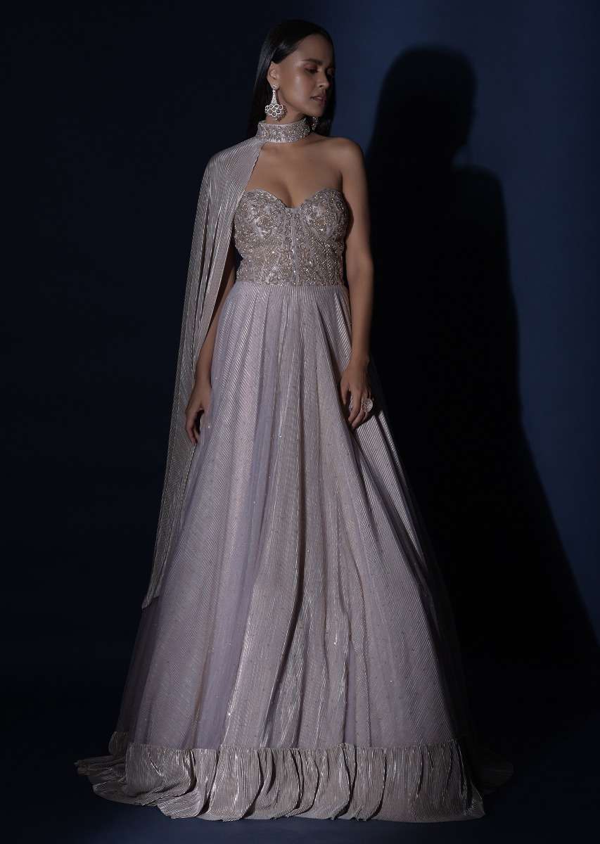 Champagne Strapless Gown With Embroidered Bodice And Fancy Cape Attached To A Choker