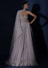 Champagne Strapless Gown With Embroidered Bodice And Fancy Cape Attached To A Choker