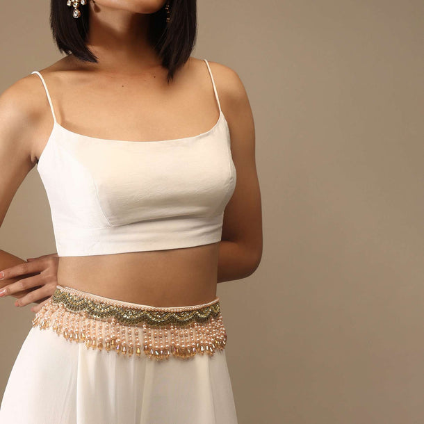 Champagne Beige Embroidered Belt With Moti Fringes