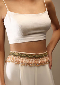 Champagne Beige Embroidered Belt With Moti Fringes