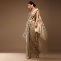 Champagne Beige Ready-Pleated Saree With A Crop Top In Stones Embellishment