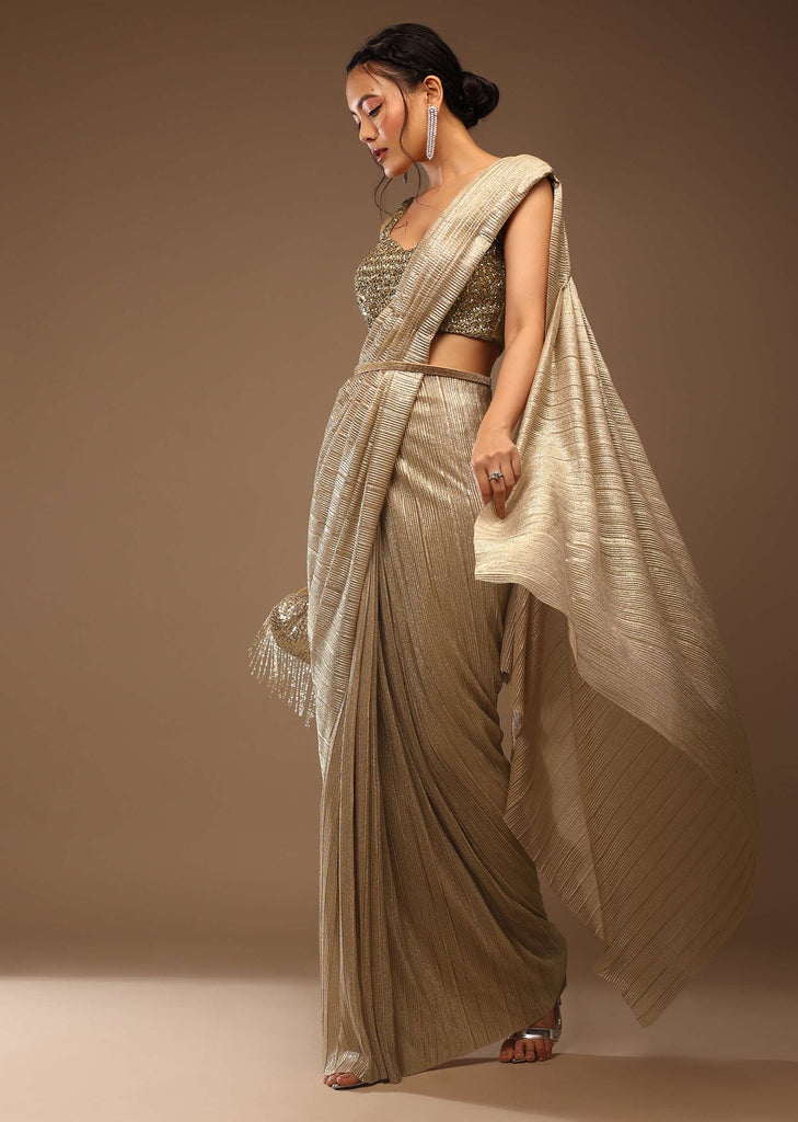 Champagne Beige Ready-Pleated Saree With A Crop Top In Stones Embellishment