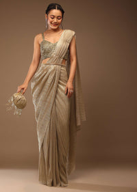 Champagne Beige Ready-Pleated Saree With A Crop Top In Stones Embellishment