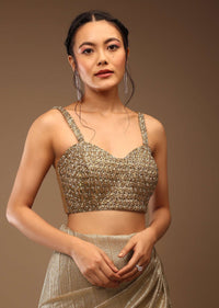 Champagne Beige Ready-Pleated Saree With A Crop Top In Stones Embellishment