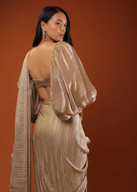 Champagne Beige Ready-Pleated Saree, Crafted In Crush With Side Zip Closure