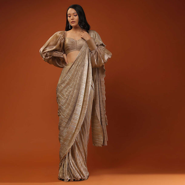 Champagne Beige Ready-Pleated Saree, Crafted In Crush With Side Zip Closure