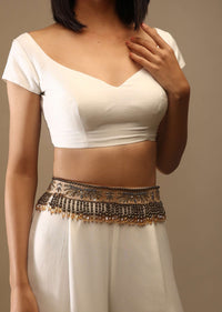 Champagne Beige Velvet Belt With Moti Fringes