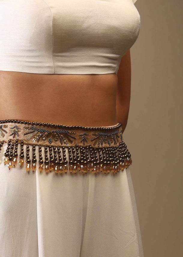 Champagne Beige Velvet Belt With Moti Fringes