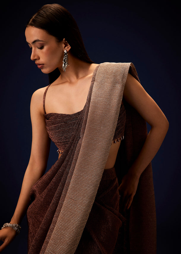 Champagne Brown Ready To Wear Saree With Pleated Cowl Blouse
