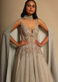 Champagne Embellished Gown With Plunging Neckline And A Fancy Choker With Attached Cape