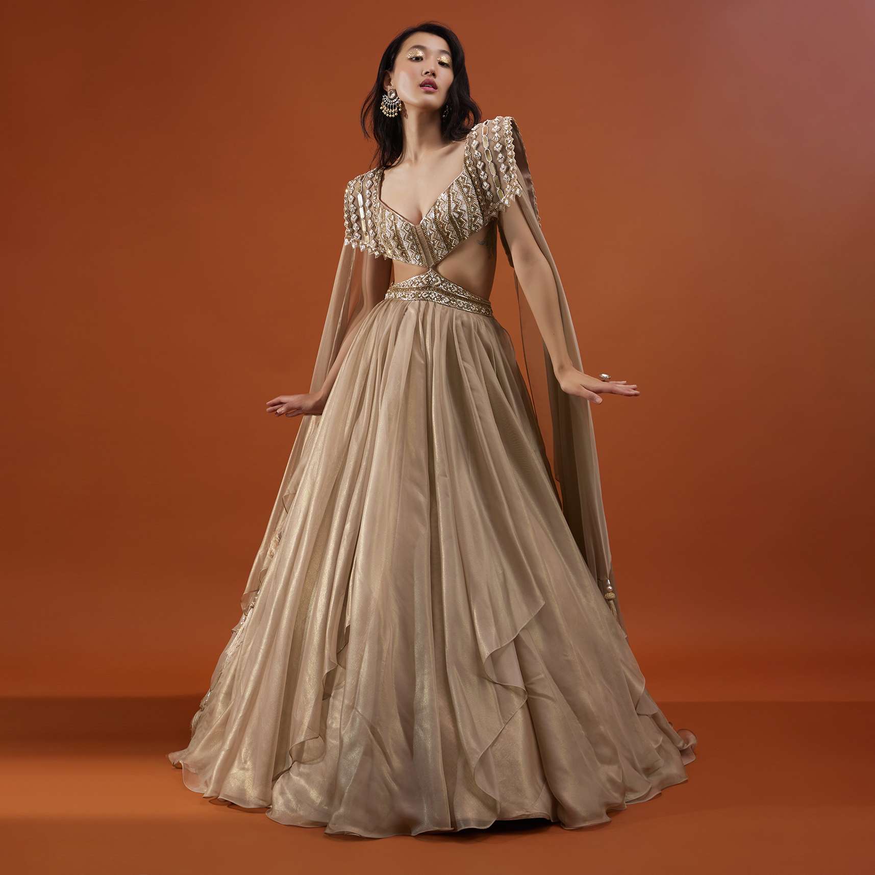 Champagne Gold Akasia Gown With Tassel Wing Cape Sleeves - NOOR 2022