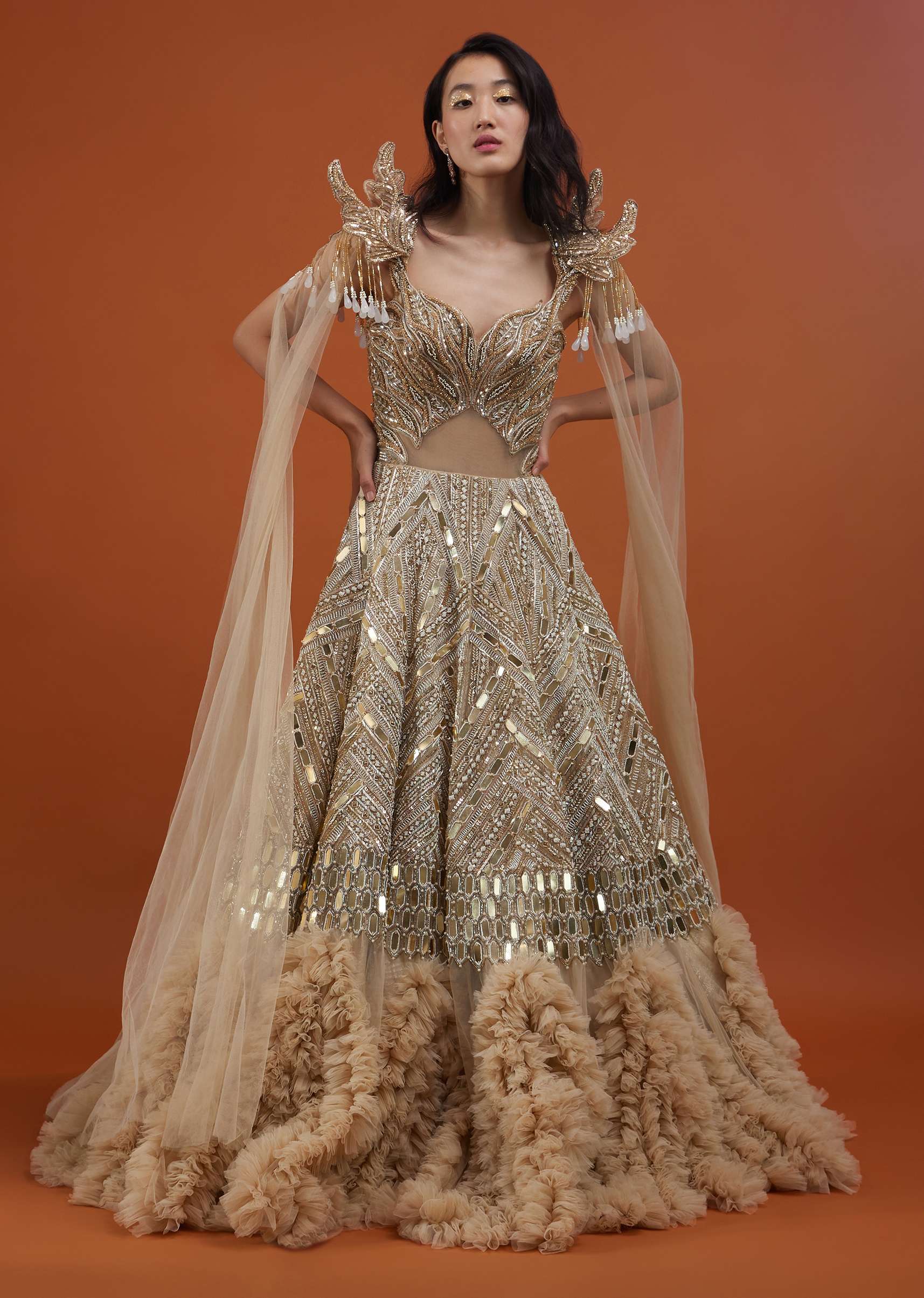 Champagne Gold Divine Net Fabricated Gown With Ruffle Frill Adornment - NOOR 2022