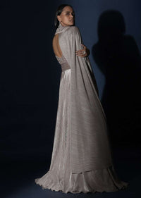 Champagne Gown In Crushed Shimmer With An Embellished Bodice Highlighting The Waistline And Fancy Cape