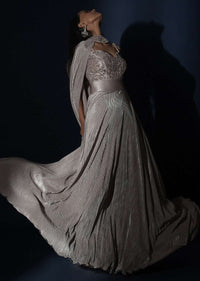 Champagne Gown In Crushed Shimmer With An Embellished Bodice Highlighting The Waistline And Fancy Cape