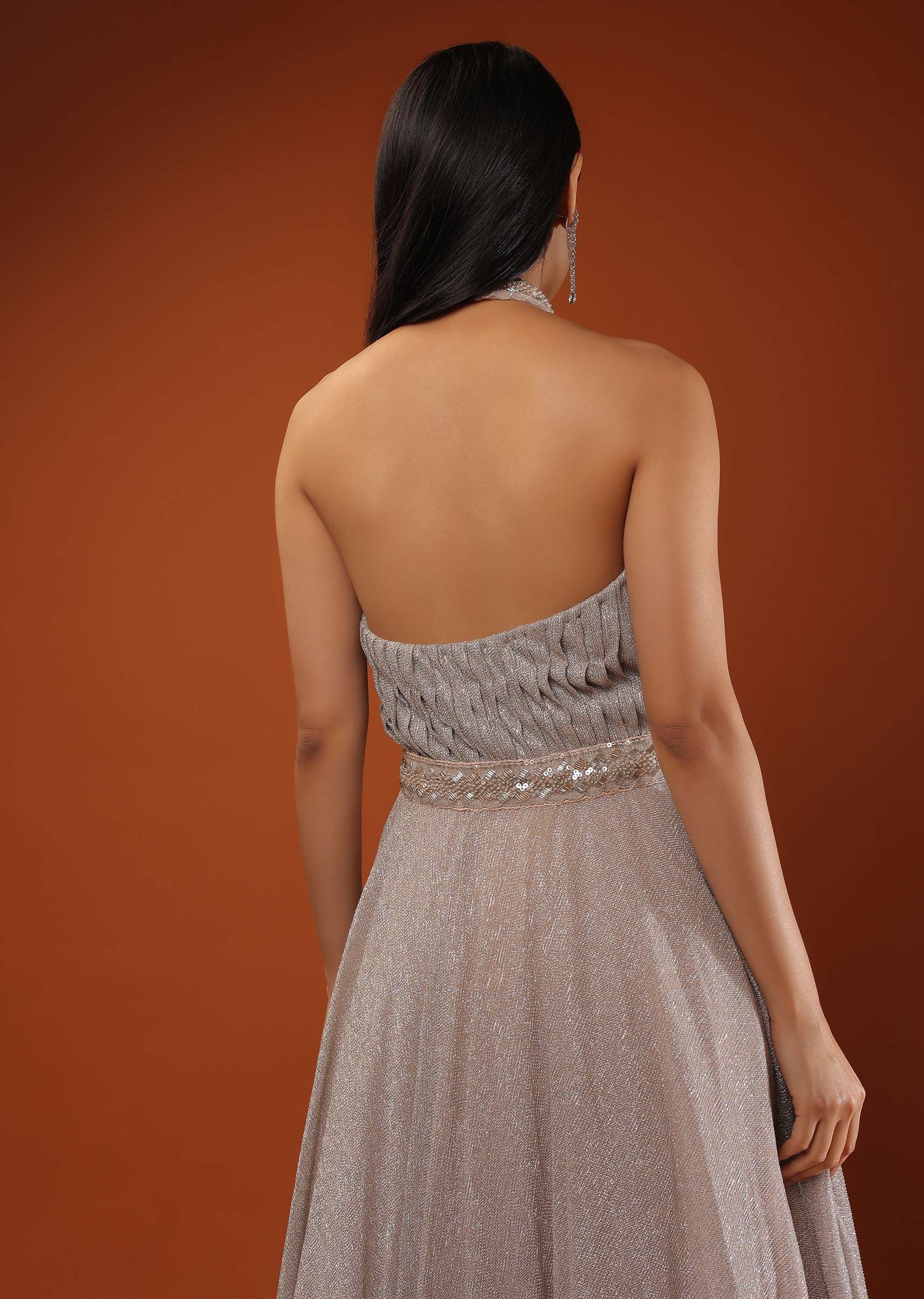 Champagne Gown In Shimmer Crush With Halter Neckline And Pleated Bodice Featuring Sheer Cut Out