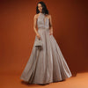 Champagne Gown In Shimmer Crush With Halter Neckline And Pleated Bodice Featuring Sheer Cut Out