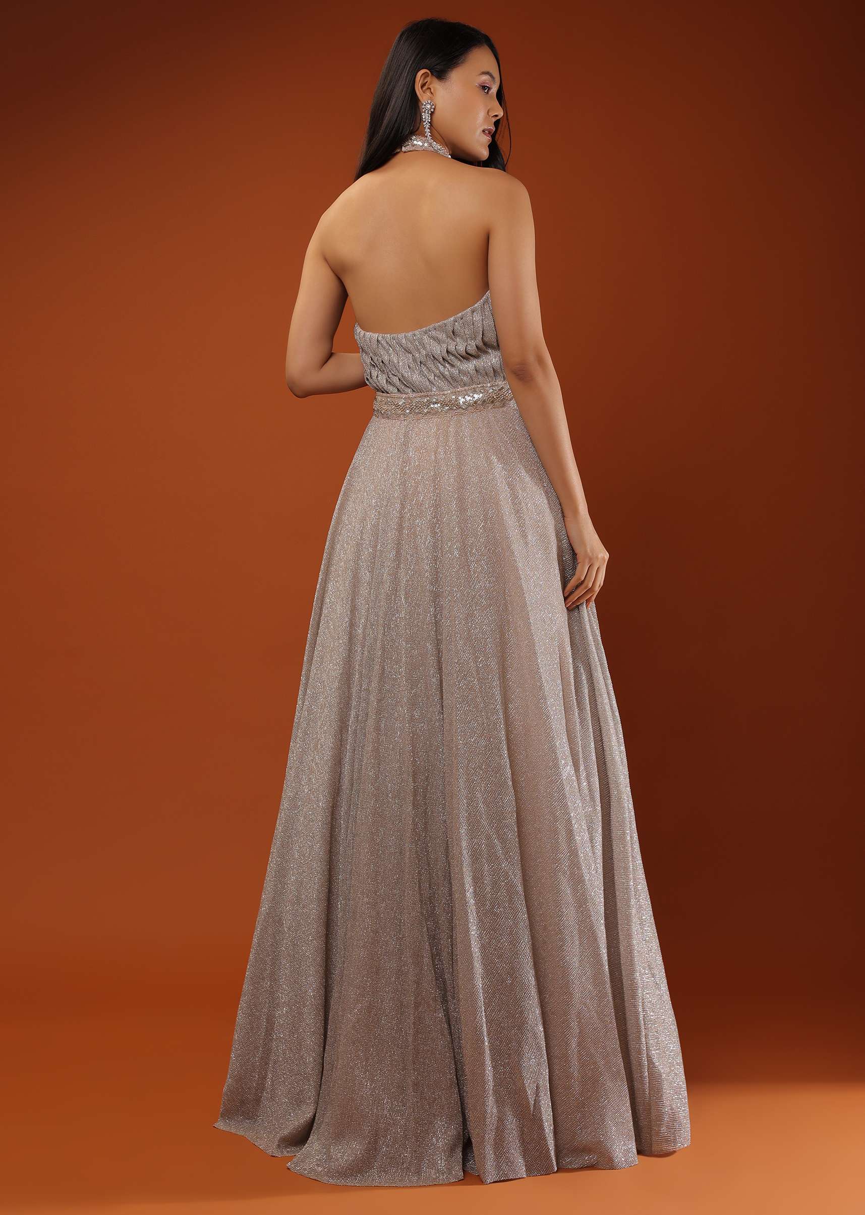 Champagne Gown In Shimmer Crush With Halter Neckline And Pleated Bodice Featuring Sheer Cut Out