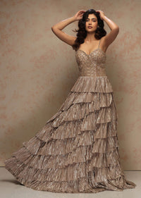 Champagne Gown With Crushed Shimmer Layers And A Fancy One Shoulder Cape