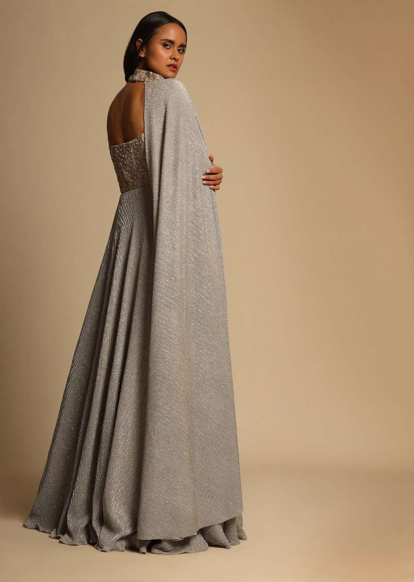 Champagne Gown With Embellished Sweetheart Cut Bodice And Spaghetti Straps Online - Kalki Fashion