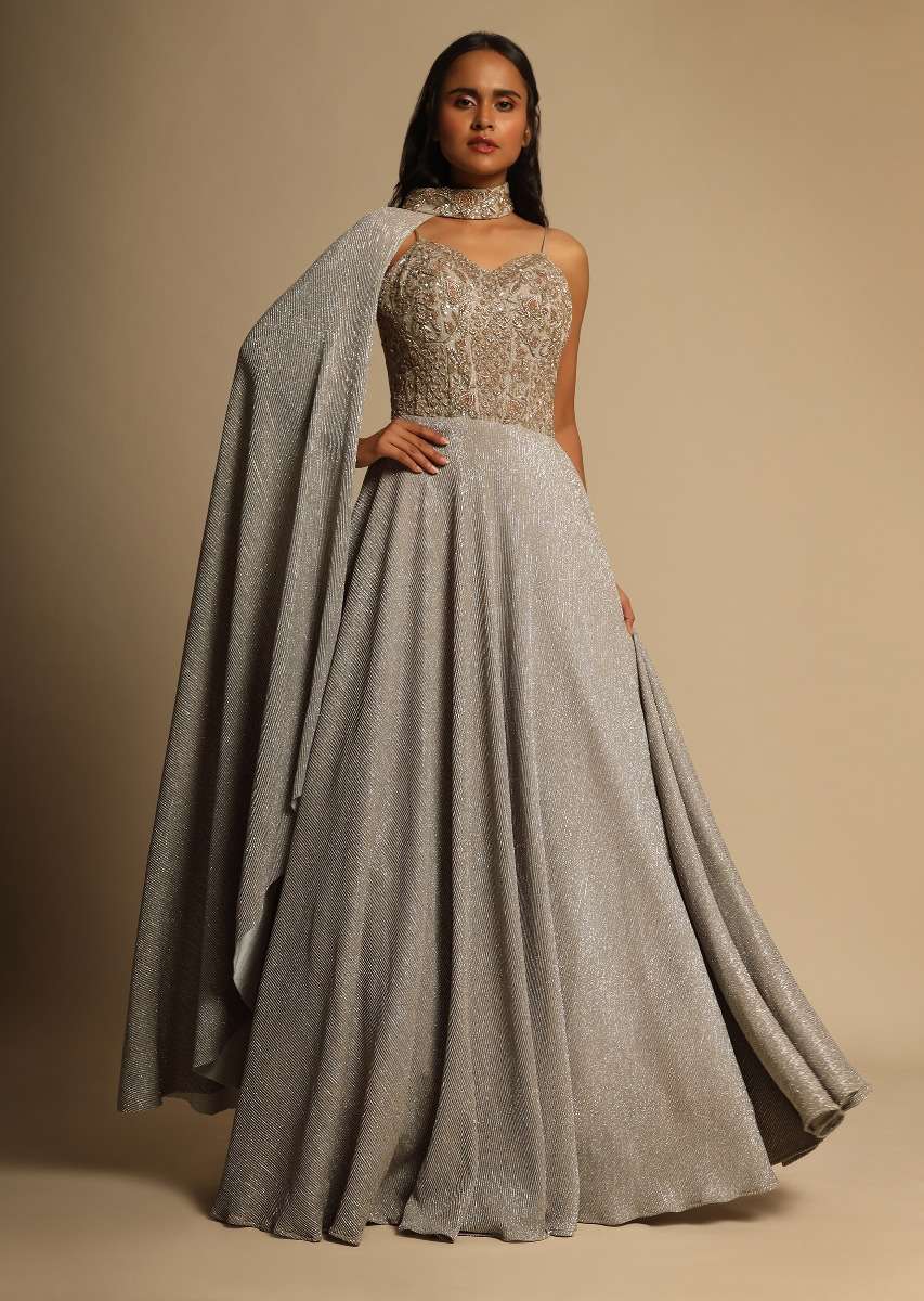 Champagne Gown With Embellished Sweetheart Cut Bodice And Spaghetti Straps Online - Kalki Fashion