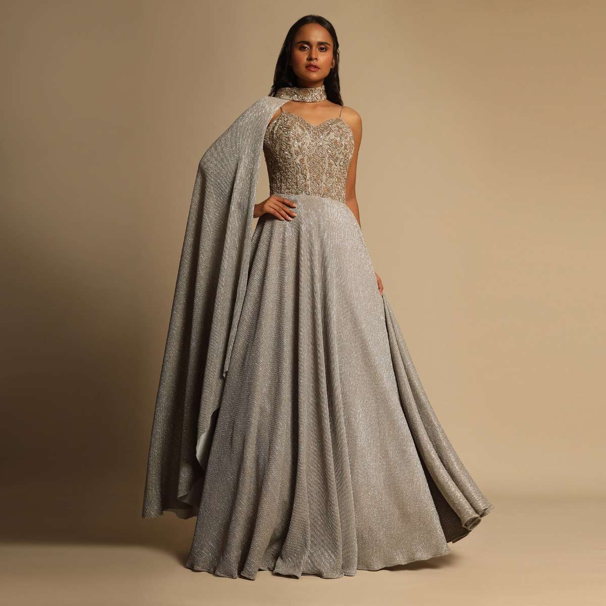 Champagne Gown With Embellished Sweetheart Cut Bodice And Spaghetti Straps Online - Kalki Fashion