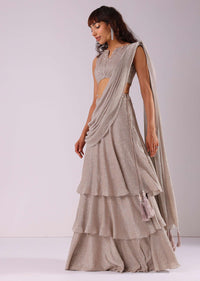 Champagne Grey Embroidered Ready-To-Wear Saree In Knit Fabric