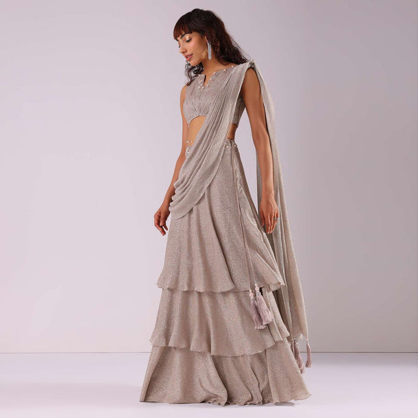 Champagne Grey Embroidered Ready-To-Wear Saree In Knit Fabric