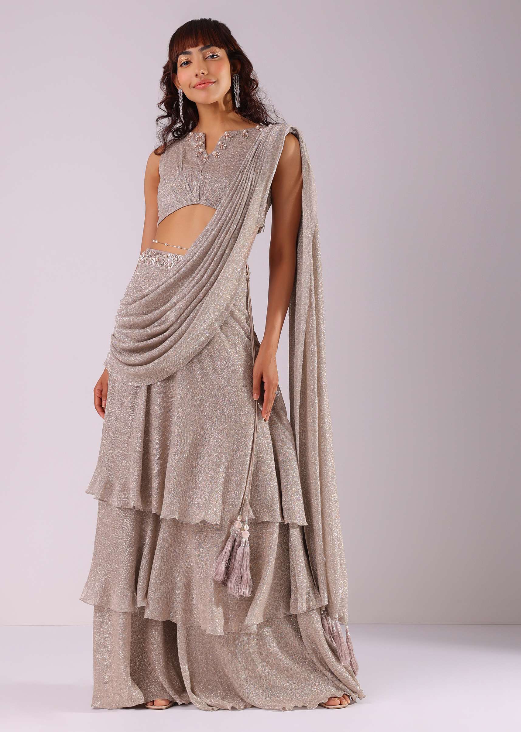 Champagne Grey Embroidered Ready-To-Wear Saree In Knit Fabric