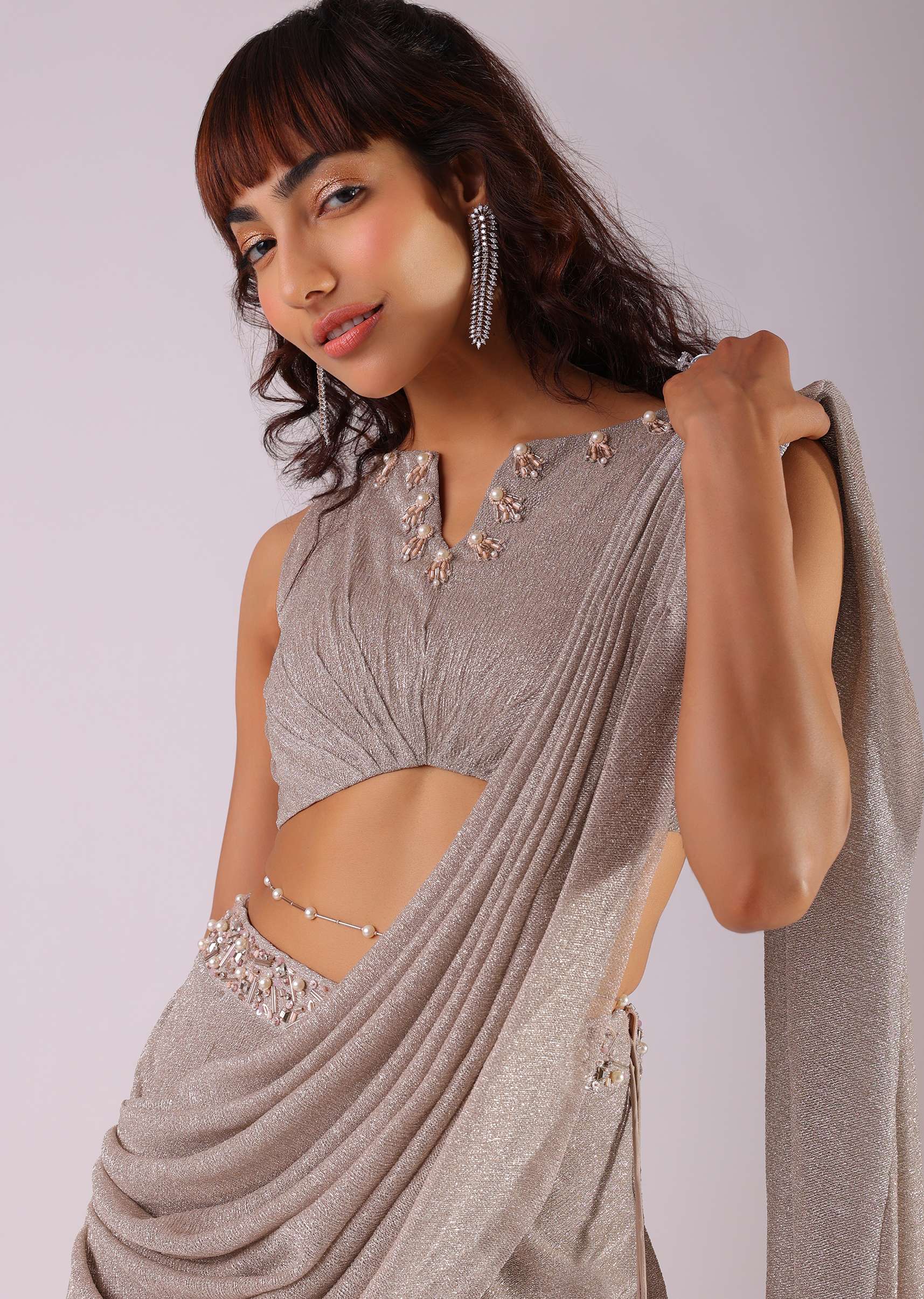 Champagne Grey Embroidered Ready-To-Wear Saree In Knit Fabric